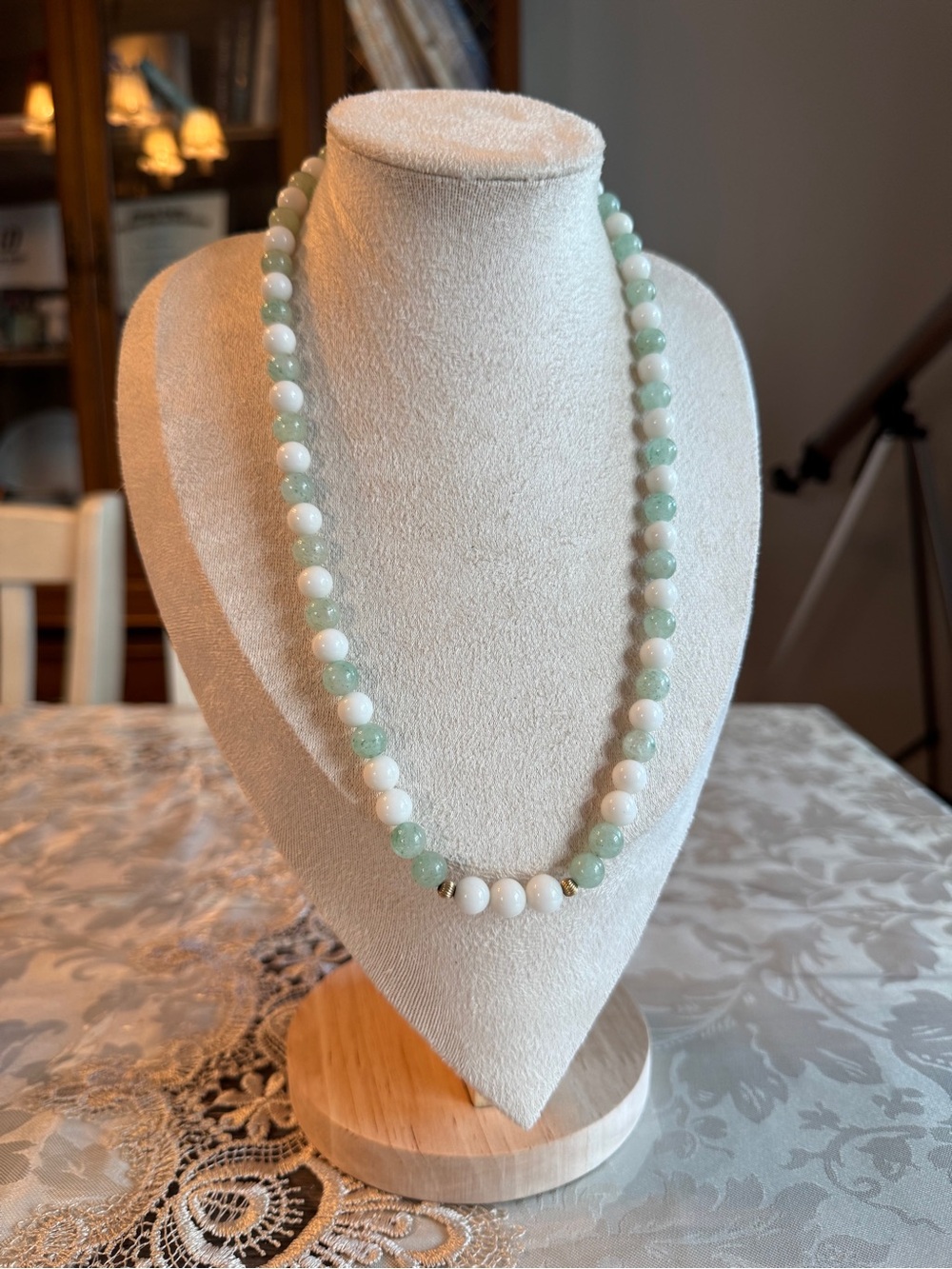 Vintage Mint Green and White Stone Beaded Necklace with Subtle Gold Accents